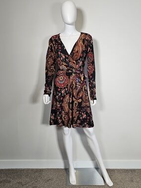 Desigual Black Paisley Wrap Dress with Red, Orange and Blue Accents Sz L
